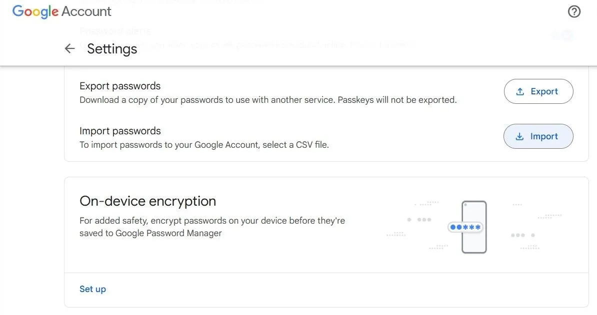 Giao diện nhập mật khẩu từ file CSV vào Trình quản lý mật khẩu của Google.