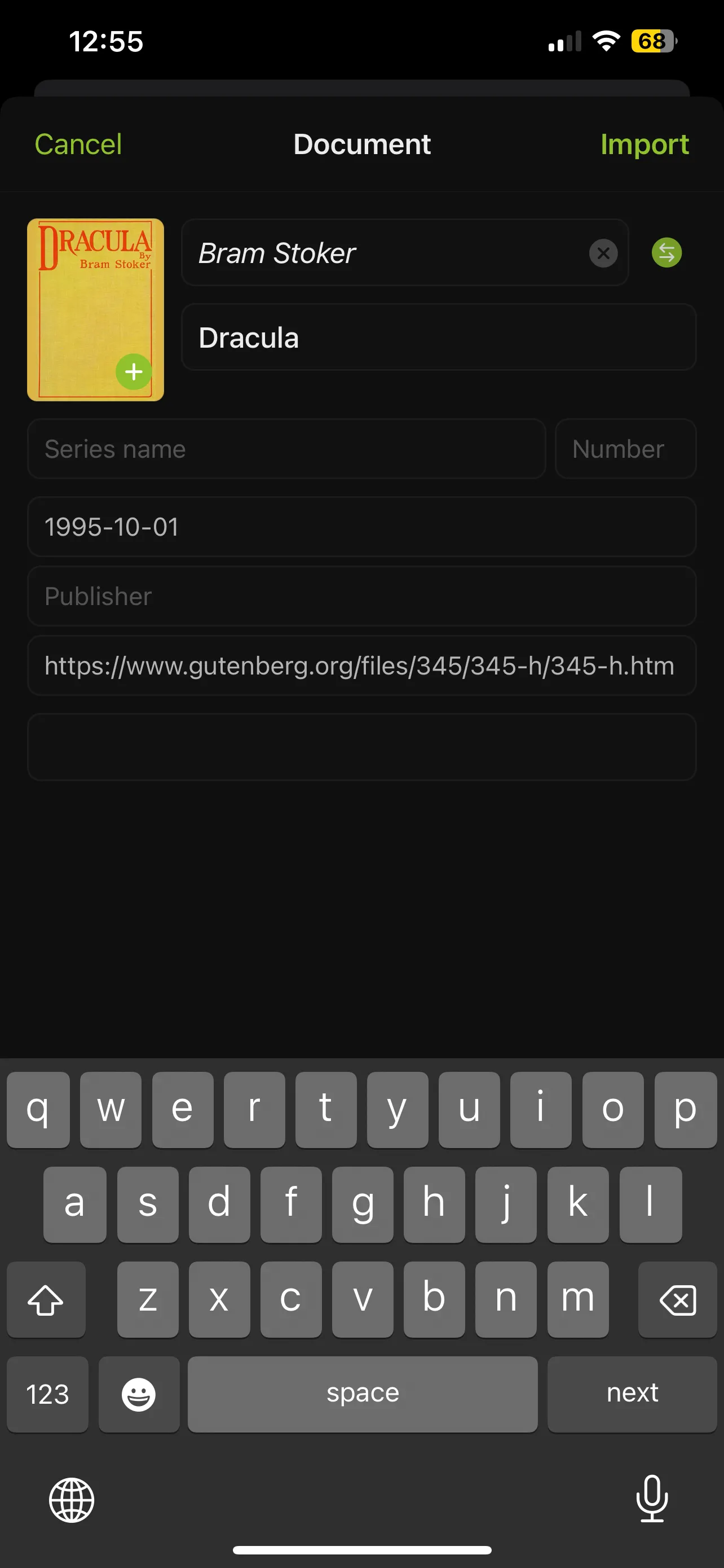 Giao diện nhập sách từ Project Gutenberg vào ứng dụng Yomu Ebook Reader, hiển thị sách Dracula.