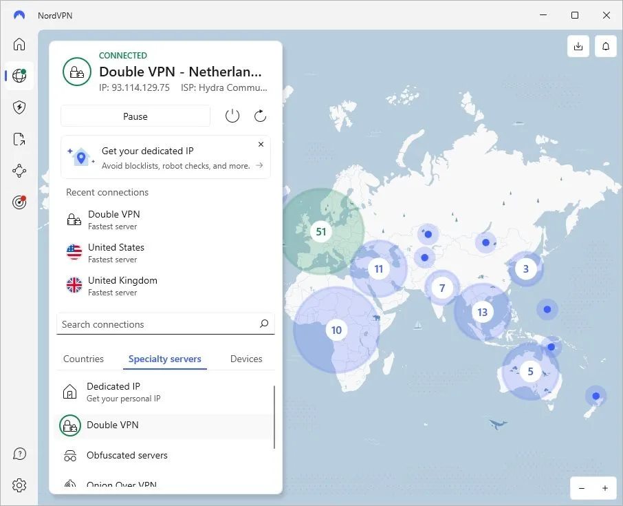 Giao diện NordVPN với tính năng Double VPN được kích hoạt