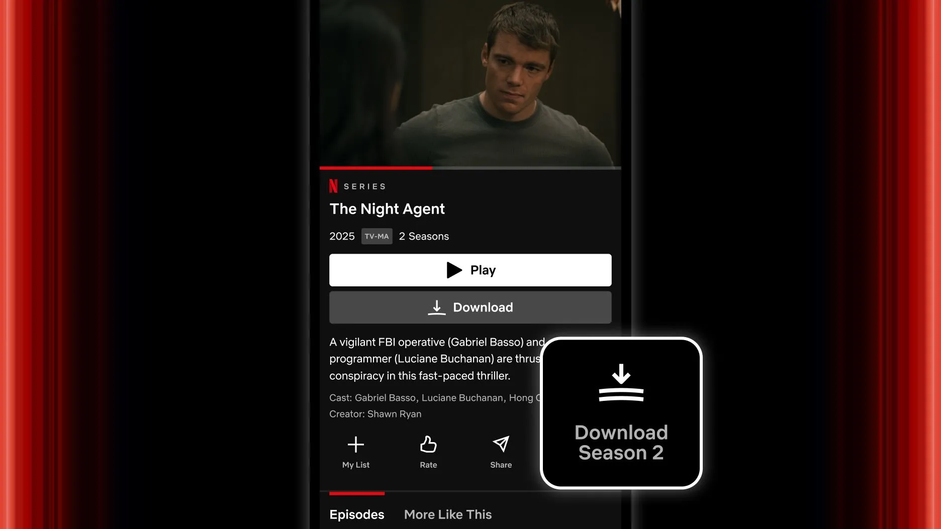 Giao diện nút tải xuống toàn bộ mùa của Netflix trên iPhone, giúp xem offline tiện lợi.