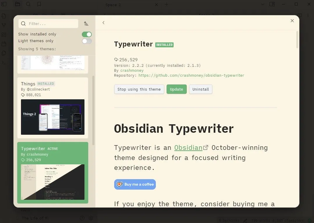 Giao diện Obsidian với theme Typewriter mang phong cách máy đánh chữ cổ điển