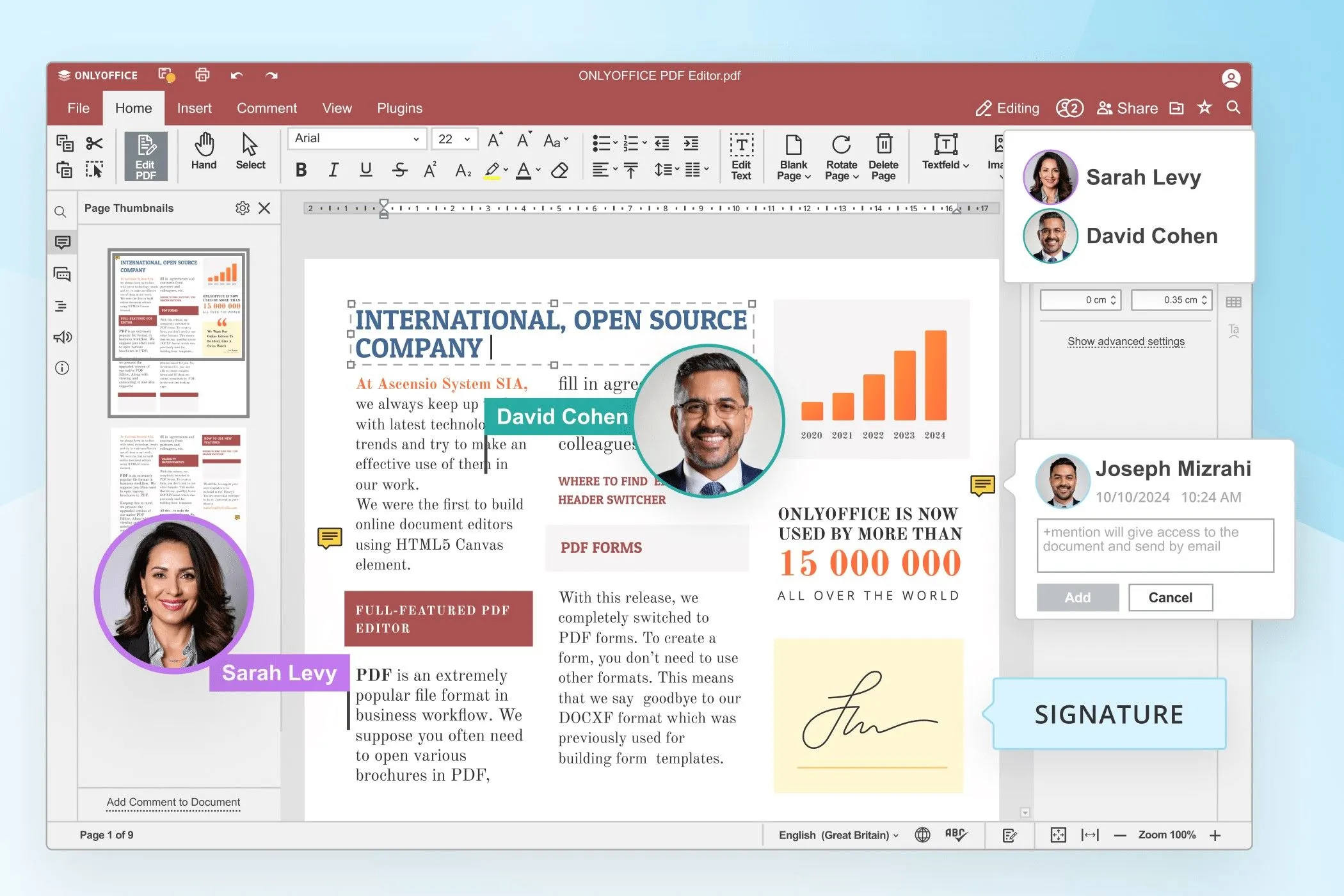 Giao diện OnlyOffice PDF Editor, minh họa khả năng chỉnh sửa tài liệu PDF trong bộ ứng dụng văn phòng mã nguồn mở này với giao diện tương tự Microsoft Office.