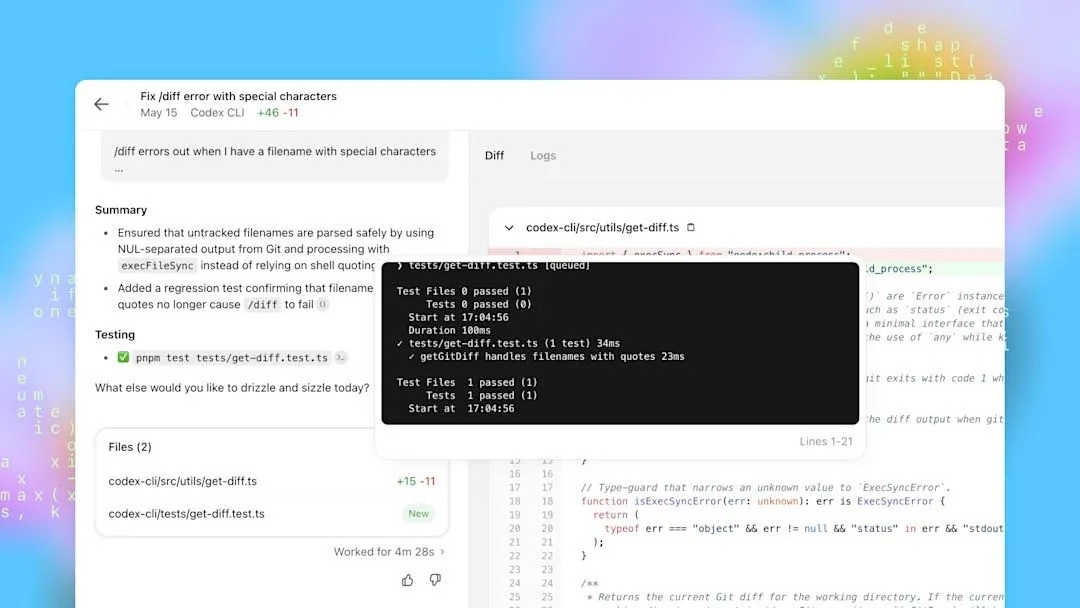 Giao diện OpenAI Codex của ChatGPT thực hiện kiểm thử mã nguồn