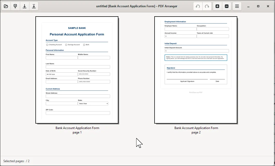 Giao diện PDF Arranger hiển thị các trang PDF dưới dạng hình thu nhỏ để dễ dàng sắp xếp lại.