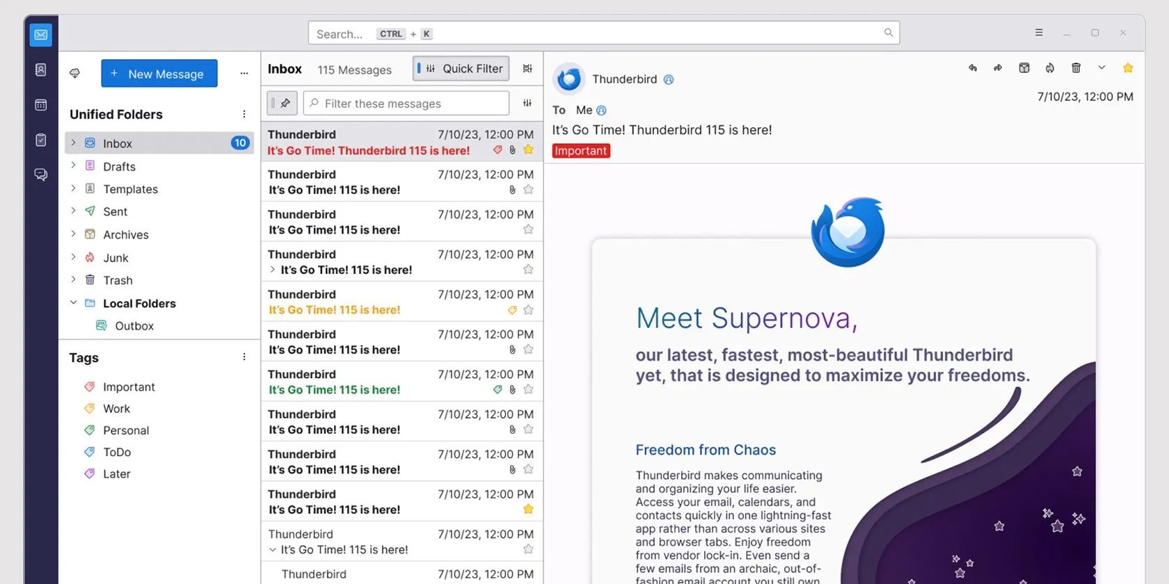 Giao diện phần mềm quản lý email Thunderbird với một email đang mở, minh họa tính năng tabbed email và giao diện tổng quan.