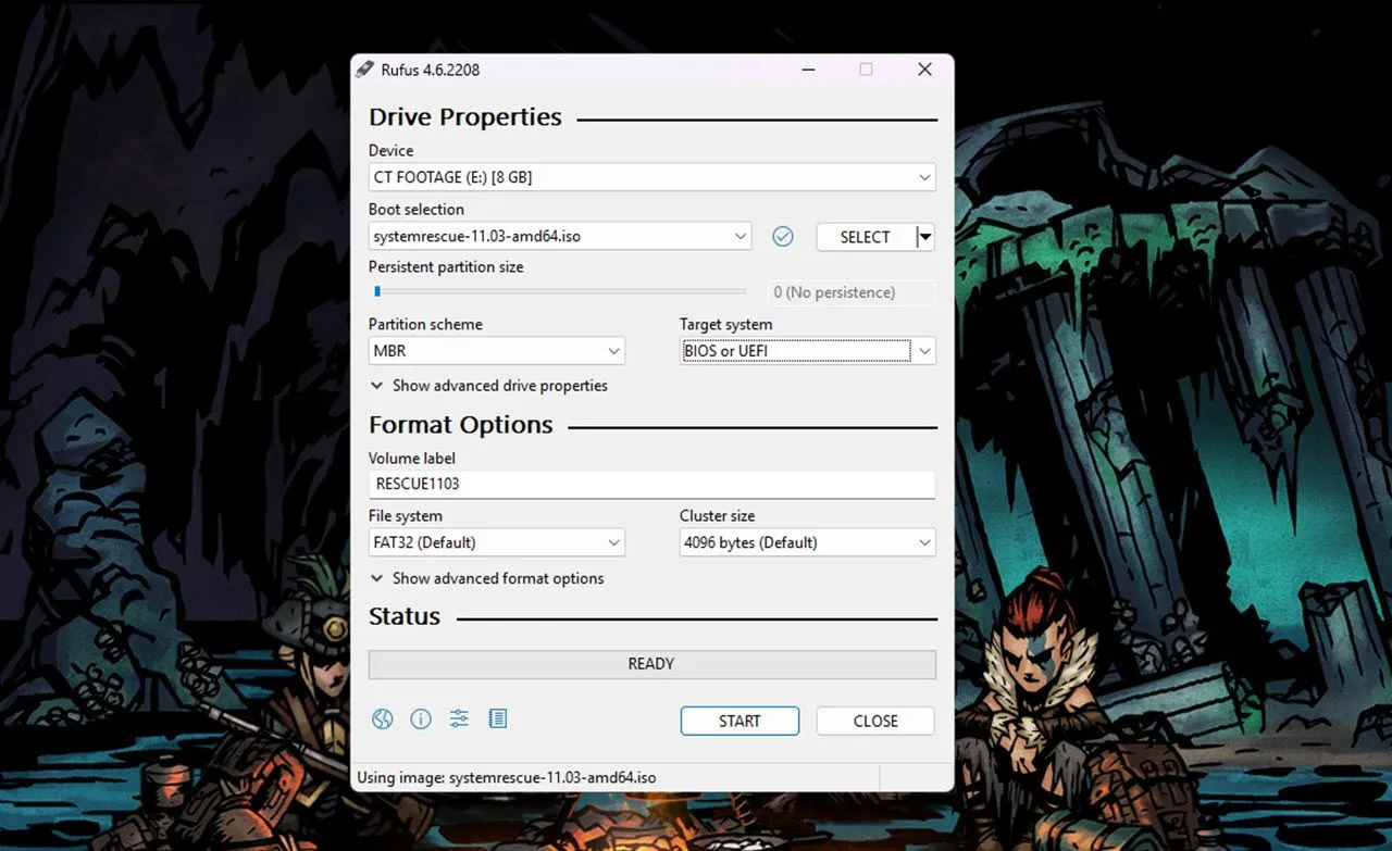 Giao diện phần mềm Rufus hiển thị các thiết lập tạo USB SystemRescue bootable