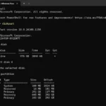 Giao diện PowerShell Terminal hiển thị danh sách các phân vùng ổ đĩa trong DiskPart trên Windows