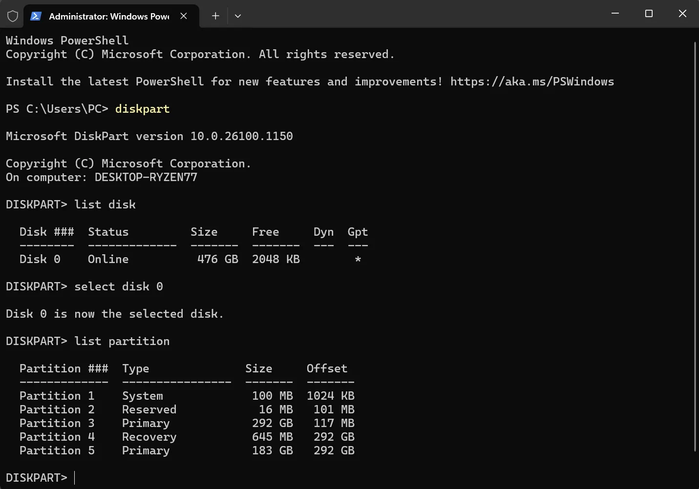Giao diện PowerShell Terminal hiển thị danh sách các phân vùng ổ đĩa trong DiskPart trên Windows