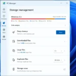 Giao diện quản lý bộ nhớ của Microsoft PC Manager, hiển thị các tùy chọn dọn dẹp file tải xuống, file lớn và file trùng lặp để giải phóng dung lượng.