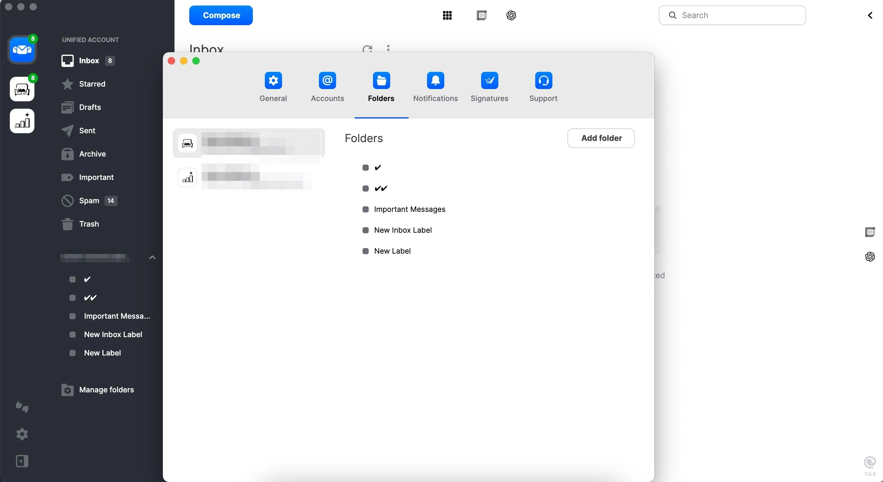 Giao diện quản lý các thư mục email trong phần mềm Mailbird