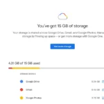 Giao diện quản lý dung lượng tài khoản Google, hiển thị 15GB lưu trữ miễn phí đã sử dụng.