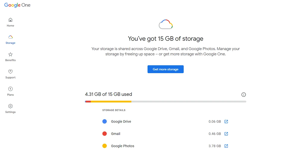 Giao diện quản lý dung lượng tài khoản Google, hiển thị 15GB lưu trữ miễn phí đã sử dụng.