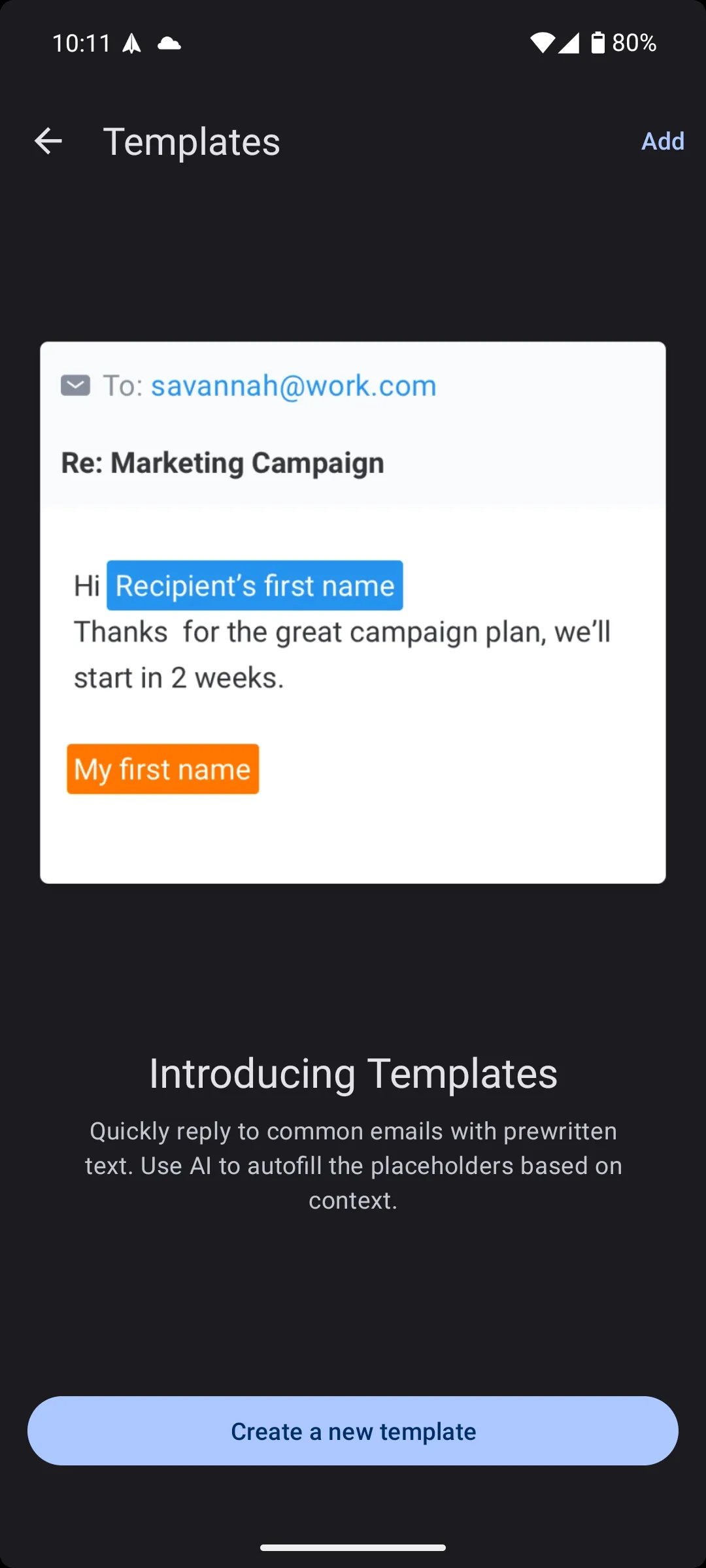 Giao diện quản lý và thêm mẫu email mới trong ứng dụng Spark Mail Android, hỗ trợ trả lời nhanh.