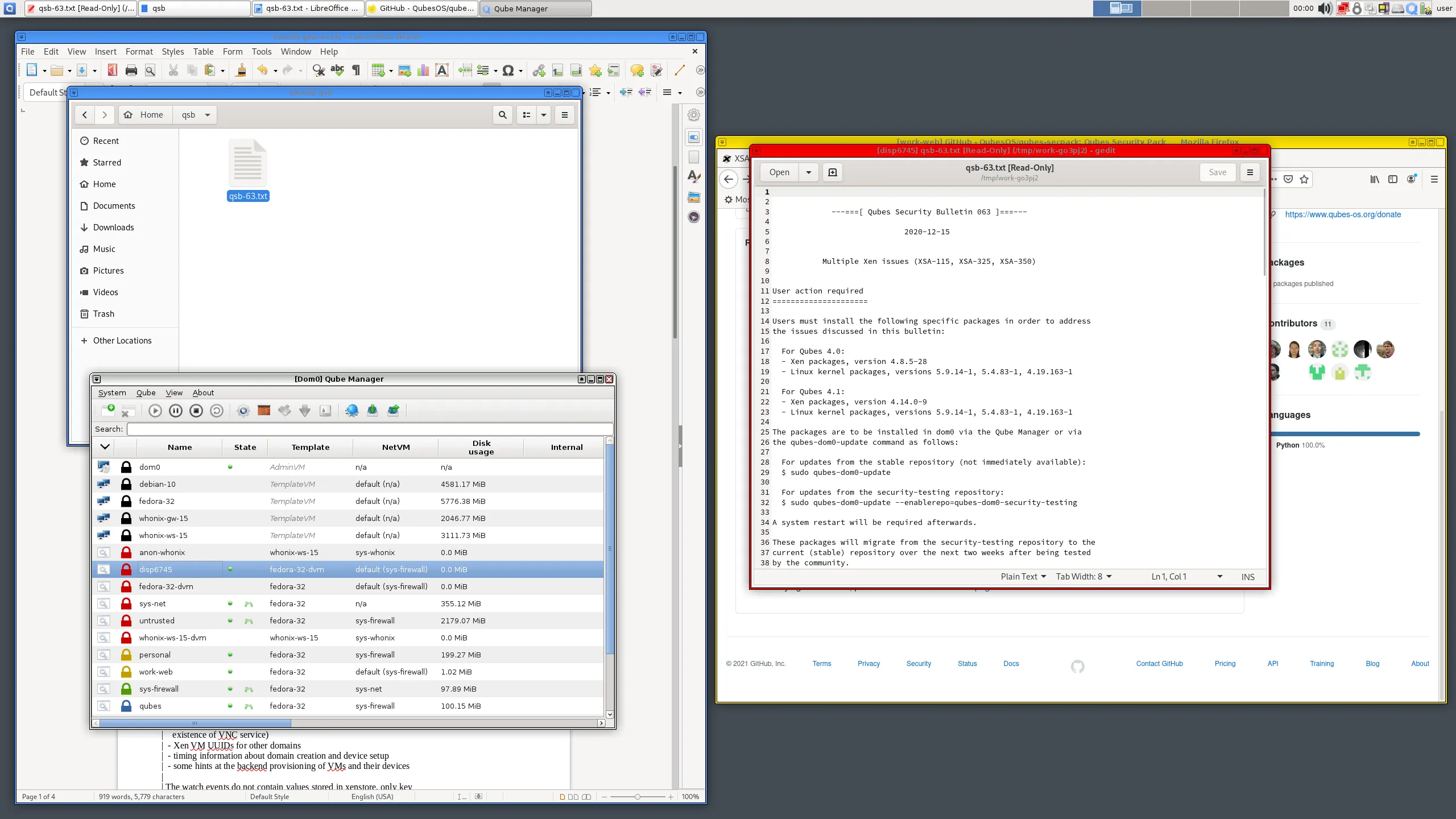Giao diện Qubes OS hiển thị các ứng dụng được cô lập trong môi trường máy ảo riêng biệt để tăng cường bảo mật.