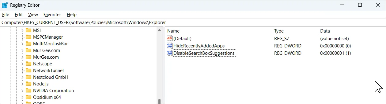 Giao diện Registry Editor trên Windows 11 khi chỉnh sửa giá trị tìm kiếm Bing