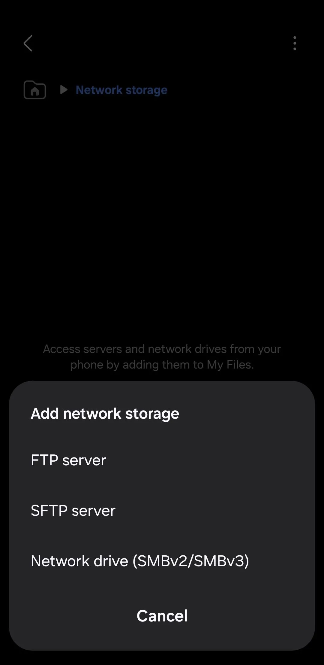 Giao diện Samsung Files cho phép người dùng thêm các dịch vụ lưu trữ mạng như FTP hoặc ổ đĩa chia sẻ