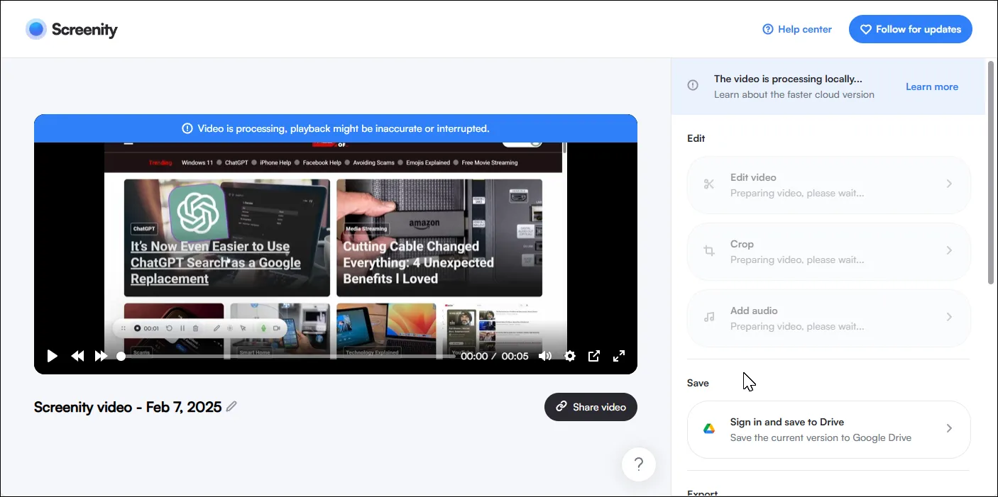 Giao diện Screenity hiển thị màn hình đang được ghi lại cùng với các công cụ chú thích như văn bản và mũi tên, minh họa tính năng ghi màn hình và chỉnh sửa.