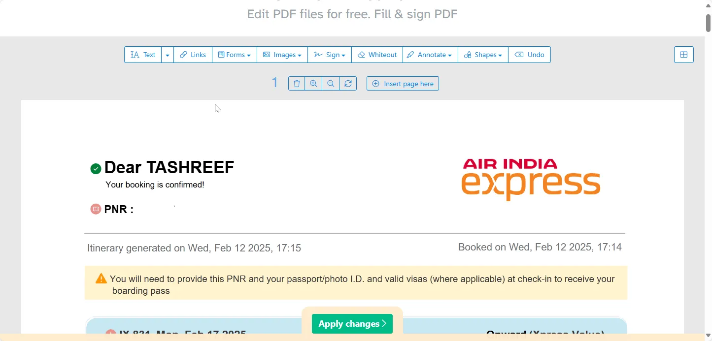 Giao diện Sejda PDF Editor online với các công cụ chỉnh sửa văn bản, hình ảnh, chú thích và xóa trang
