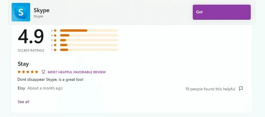 Giao diện Skype trên Microsoft Store với đánh giá 4.9 sao nổi bật.