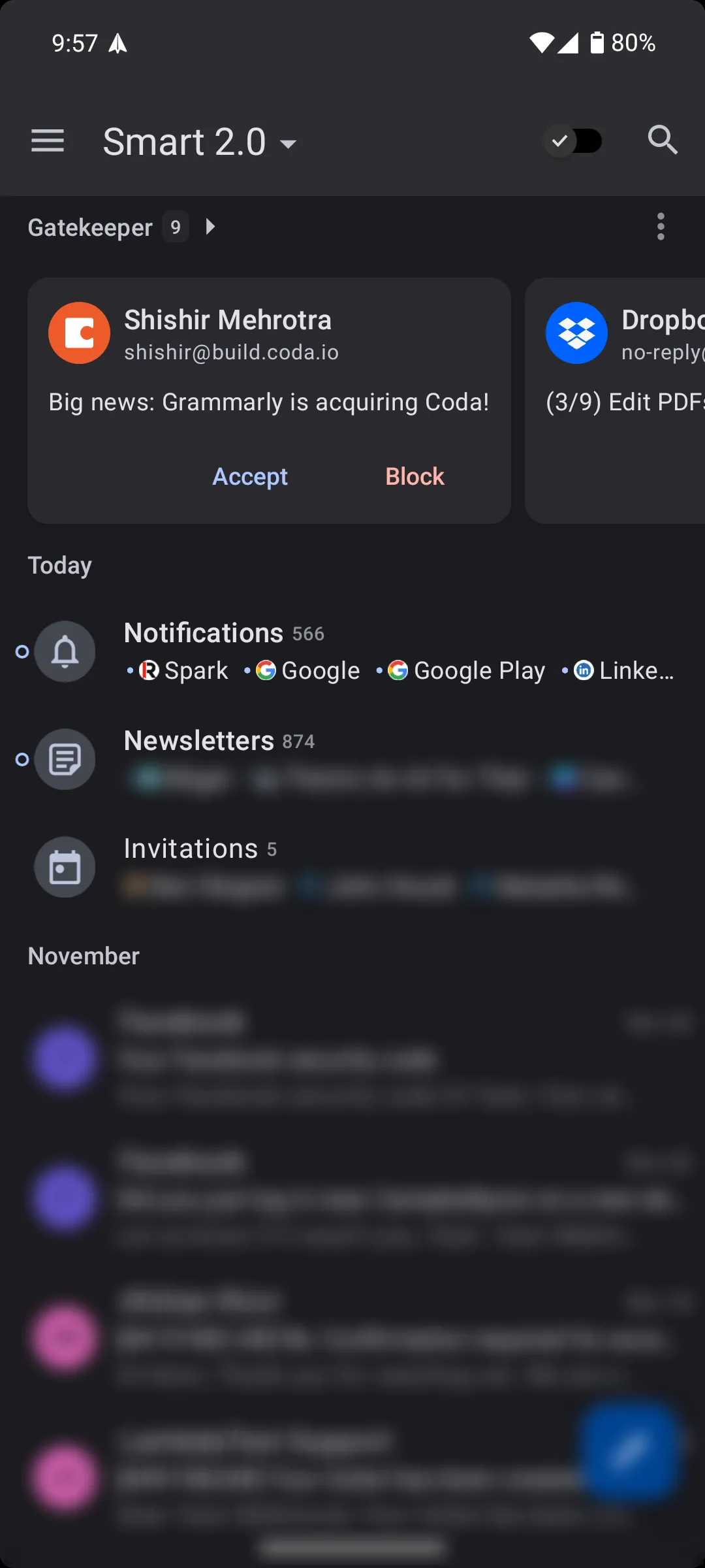 Giao diện Smart Inbox 2.0 của Spark Mail Android với tính năng Gatekeeper, giúp lọc email hiệu quả.