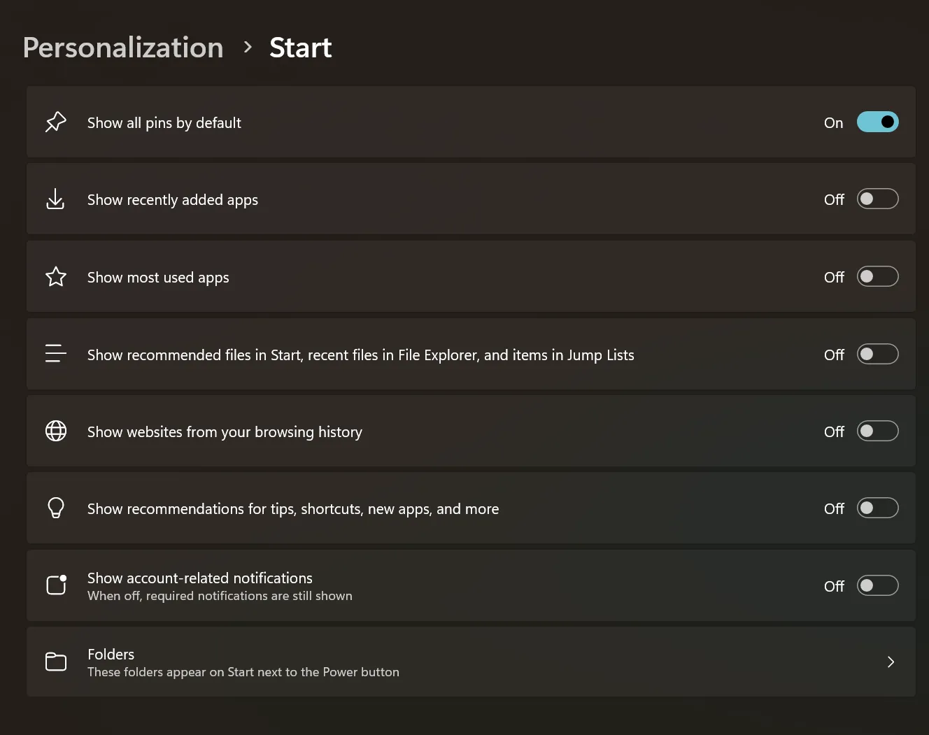 Giao diện Start Menu Windows 11 bản Insider với tùy chọn tắt các mục đề xuất