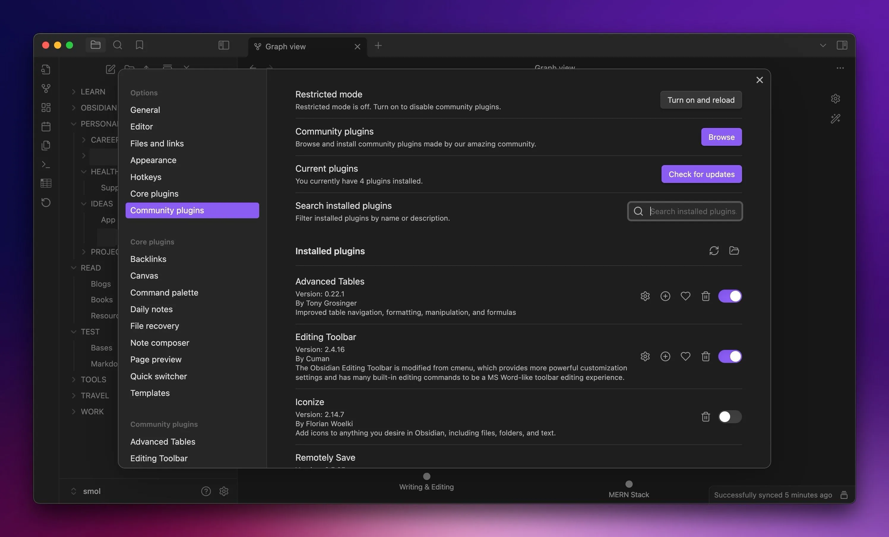 Giao diện tab Cộng đồng Plugins (Community Plugins) trong Obsidian trên máy Mac, thể hiện sự đa dạng và phong phú của kho tiện ích mở rộng.