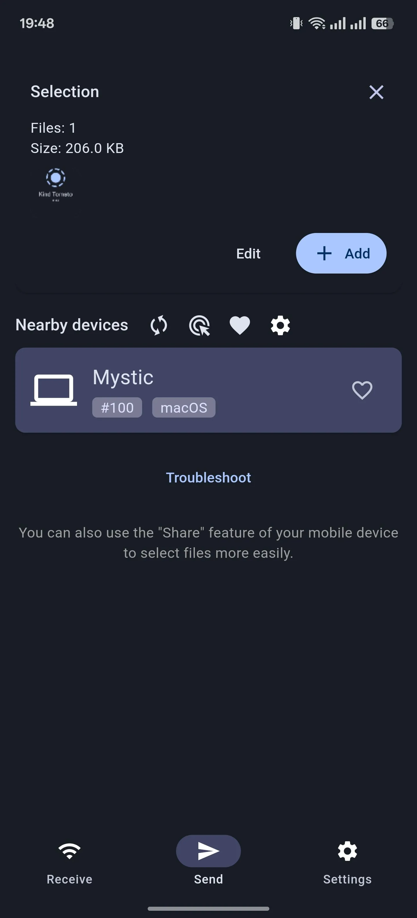 Giao diện tab Gửi file trong ứng dụng LocalSend trên Android, sẵn sàng cho việc truyền dữ liệu.