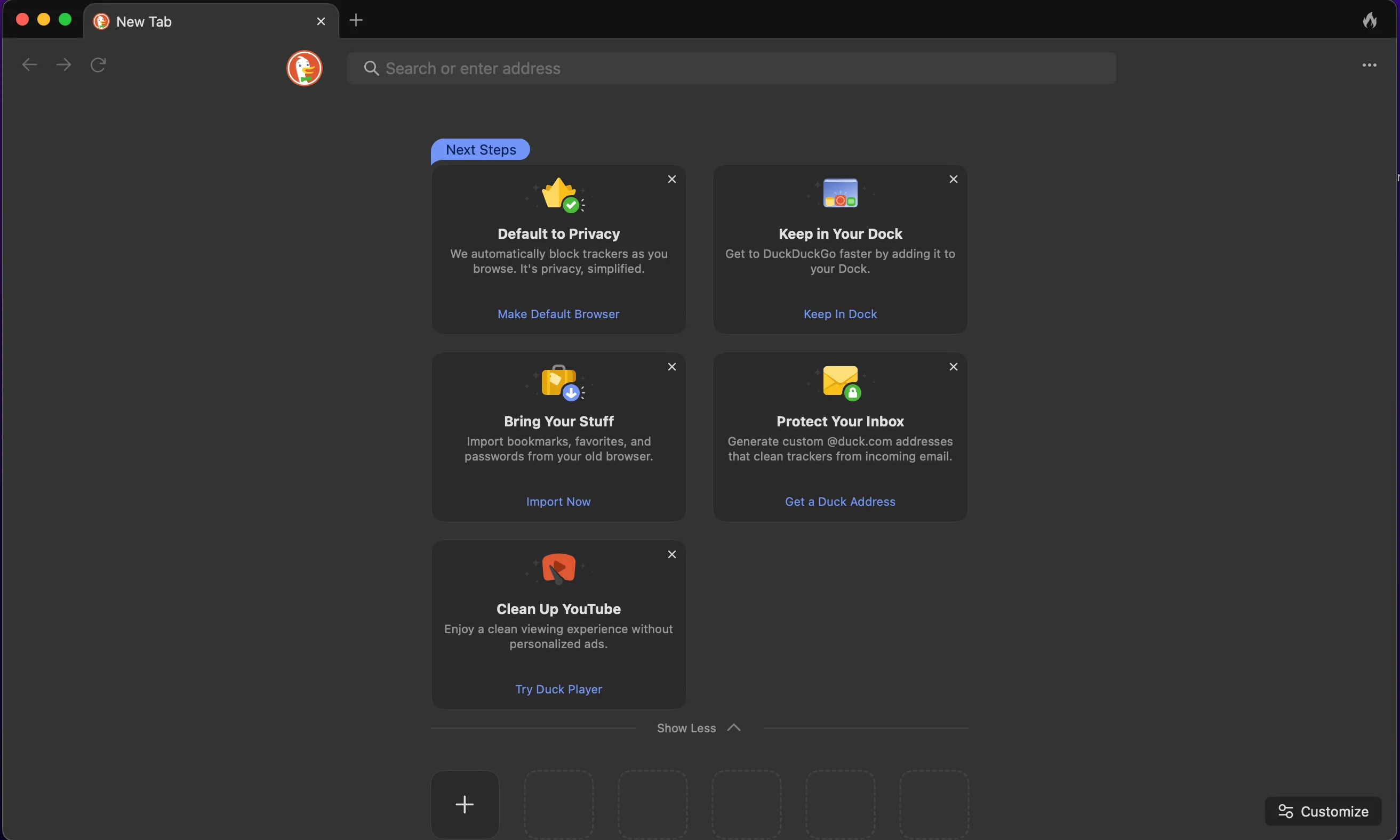 Giao diện tab mới của trình duyệt DuckDuckGo tập trung vào quyền riêng tư