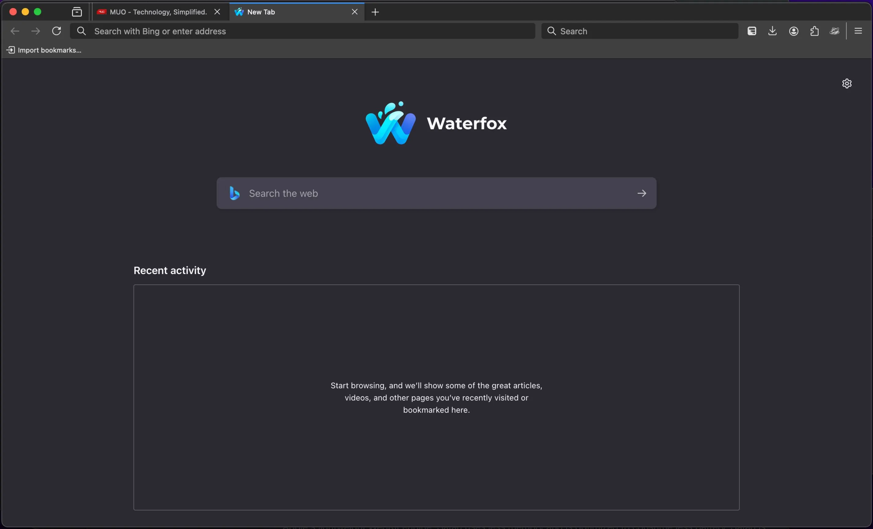Giao diện tab mới của trình duyệt Waterfox trên hệ điều hành Mac, trông khá quen thuộc như Firefox nhưng ưu tiên riêng tư.