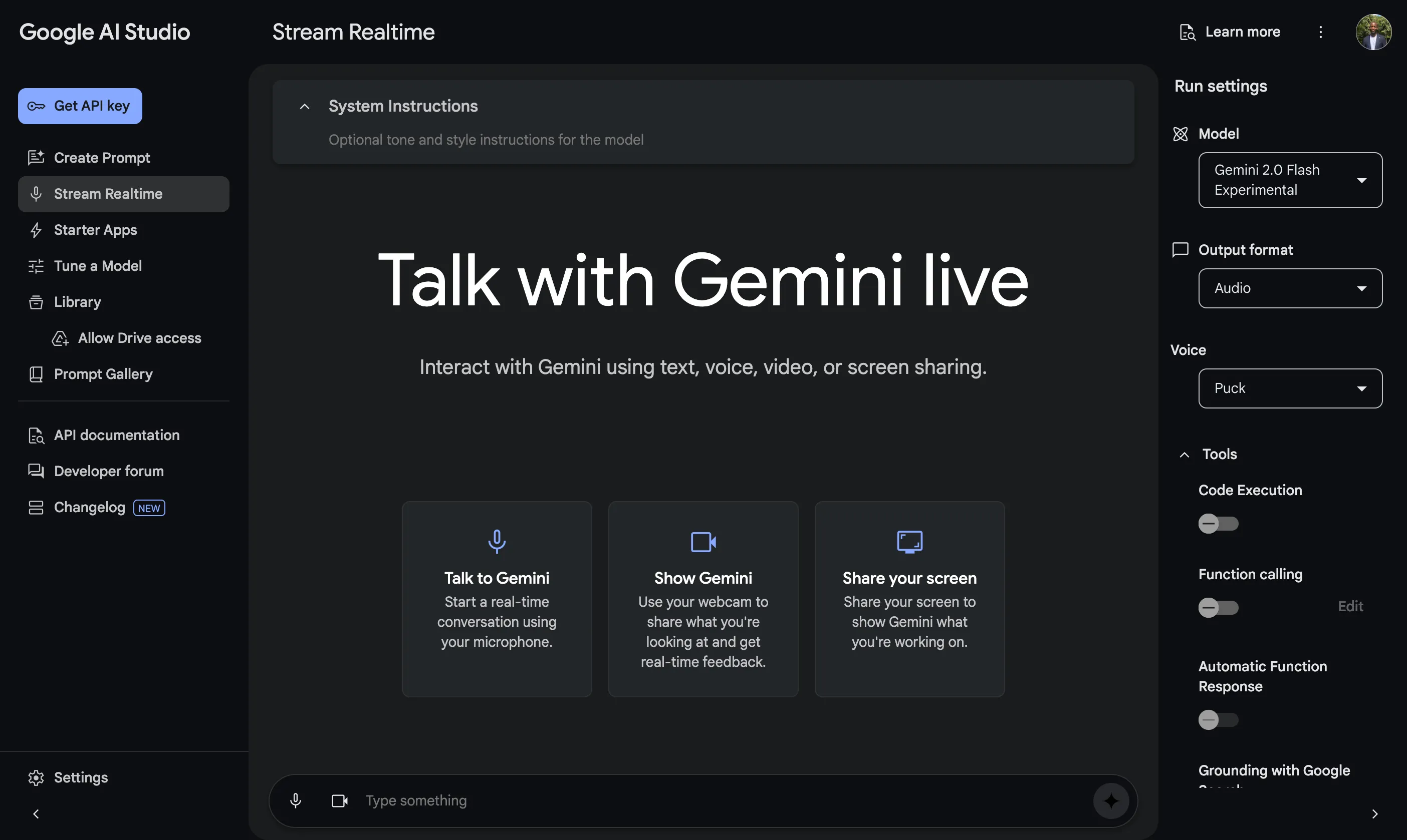 Giao diện tab Stream Realtime trên Google AI Studio