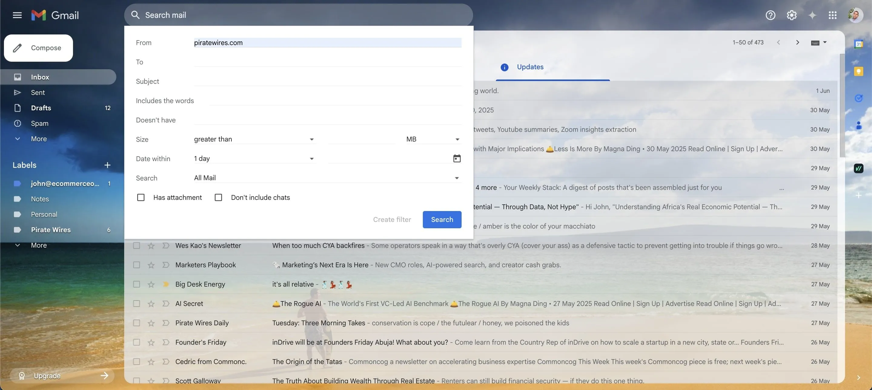 Giao diện tạo bộ lọc email trên Gmail với các tùy chọn tiêu chí tìm kiếm