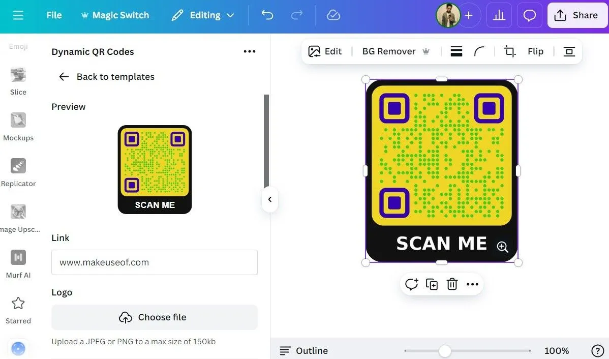 Giao diện tạo mã QR động trong Canva