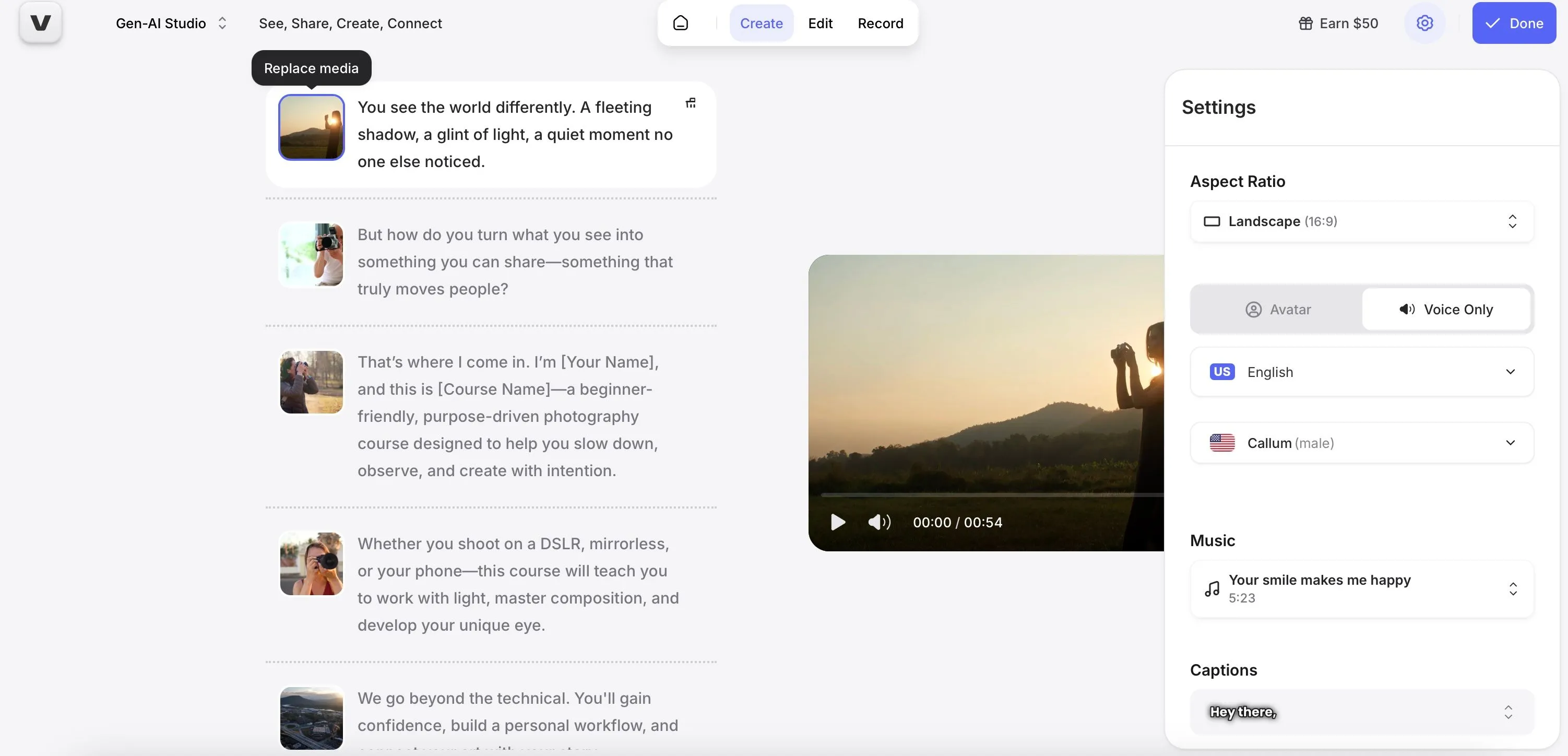 Giao diện tạo video quảng cáo tự động bằng AI trên Veed.io, thể hiện các tùy chọn tùy chỉnh và xem trước.