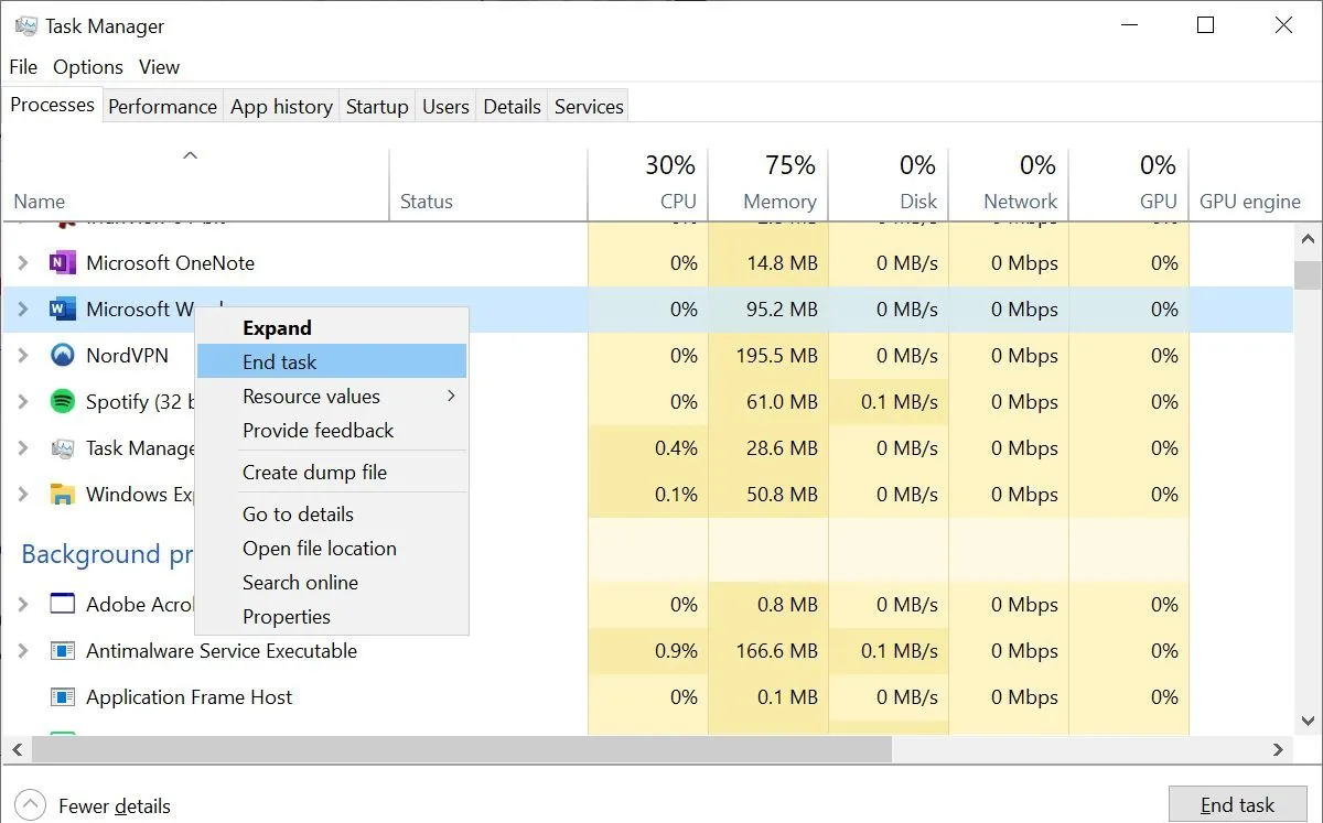 Giao diện Task Manager trên Windows 10 hiển thị tùy chọn &quot;End task&quot; để đóng ứng dụng hoặc tiến trình đang chạy.