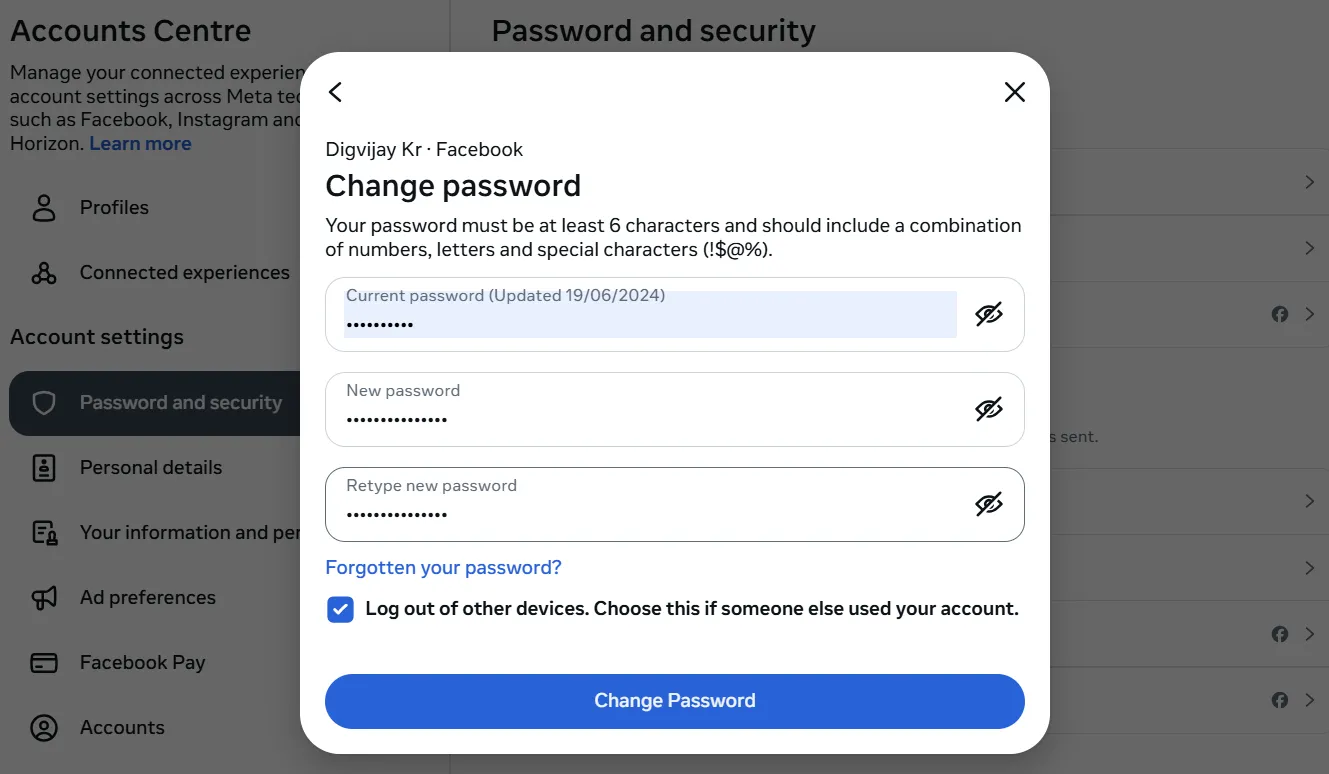 Giao diện thay đổi mật khẩu Facebook, minh họa bước đặt mật khẩu mạnh cho tài khoản