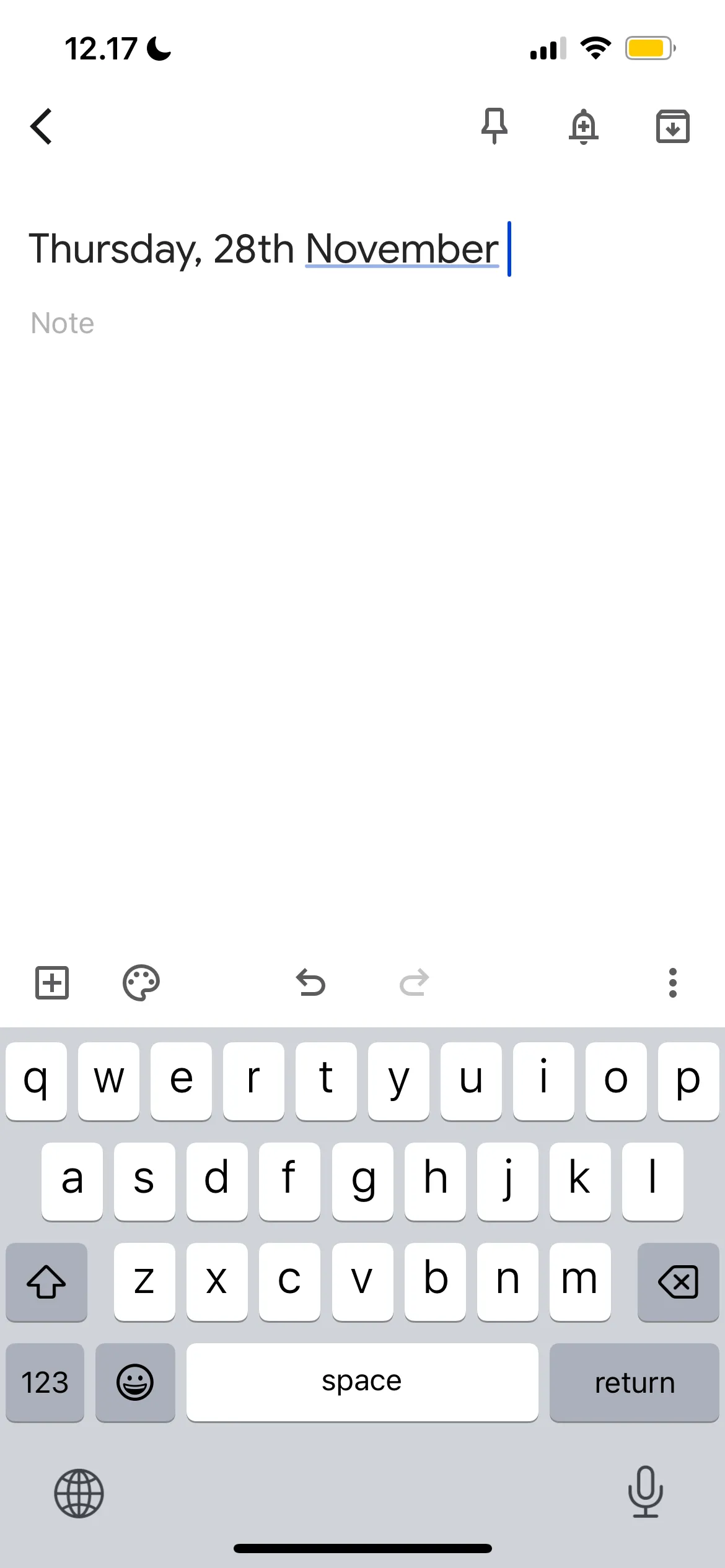 Giao diện thêm nhật ký mới trong ứng dụng Google Keep, cho phép người dùng ghi lại suy nghĩ hàng ngày