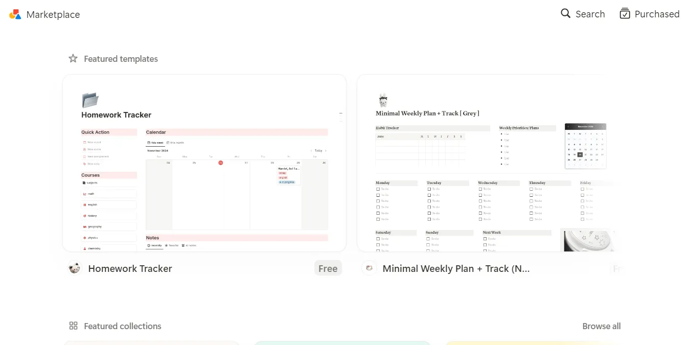 Giao diện thị trường template của Notion, hiển thị các mẫu có sẵn