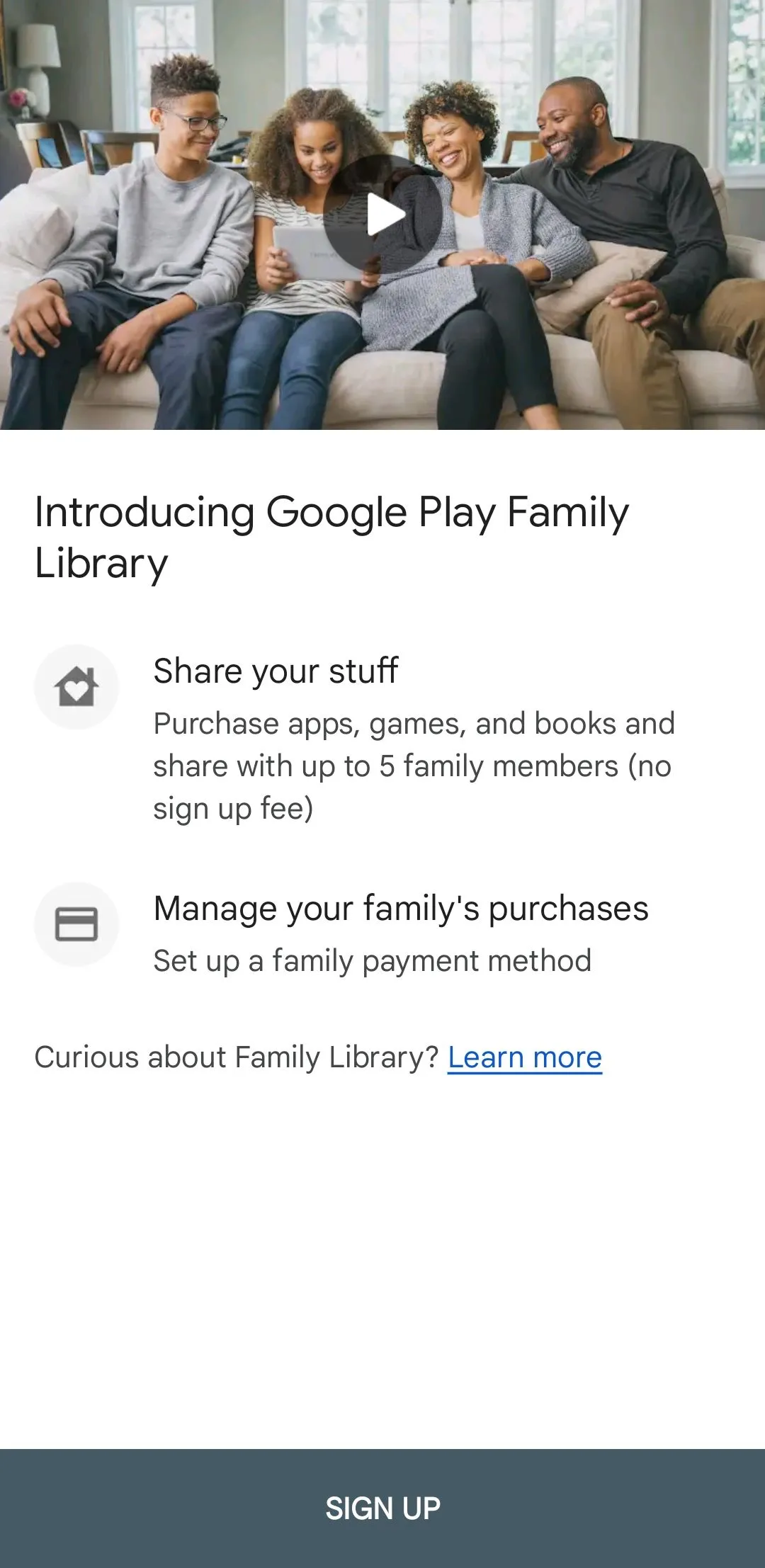 Giao diện thiết lập Thư viện Gia đình Google Play