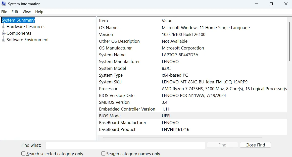 Giao diện Thông tin Hệ thống (System Information) trên Windows hiển thị chi tiết cấu hình máy tính