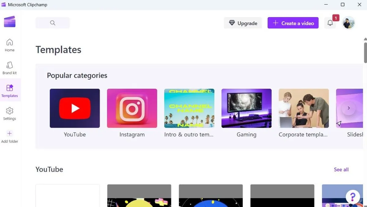 Giao diện thư viện mẫu video có sẵn của Clipchamp, giúp người dùng nhanh chóng bắt đầu dự án chỉnh sửa video.