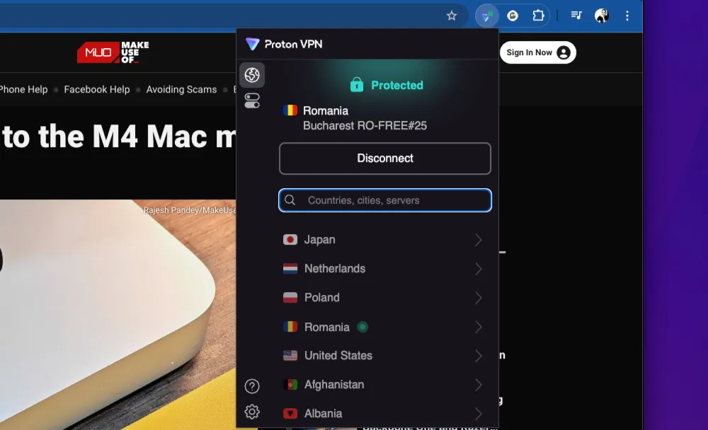 Giao diện tiện ích mở rộng ProtonVPN trên trình duyệt Chrome đang kết nối, minh họa giải pháp VPN an toàn