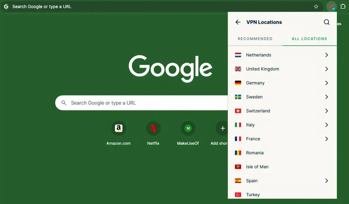 Giao diện tiện ích mở rộng VPN ExpressVPN trên trình duyệt