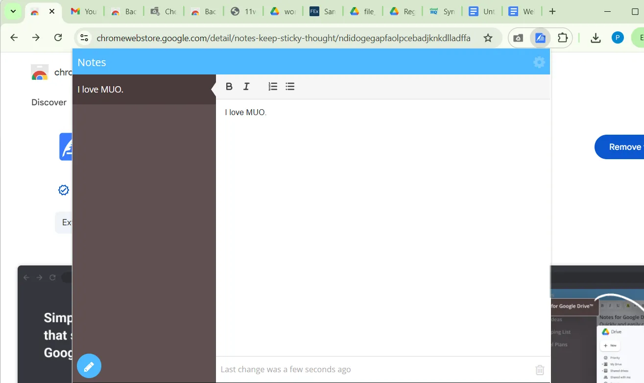 Giao diện tiện ích Notes trong Chrome, cho phép người dùng ghi lại ý tưởng nhanh chóng và lưu trực tiếp vào Google Drive dưới dạng tài liệu Docs.
