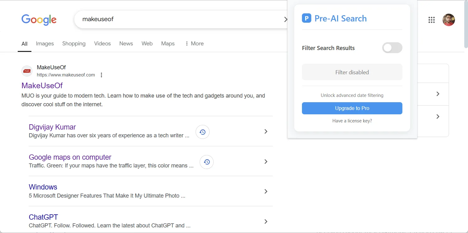 Giao diện tiện ích Pre-AI Search hiển thị tùy chọn tắt bộ lọc để xem kết quả tìm kiếm Google mới nhất.
