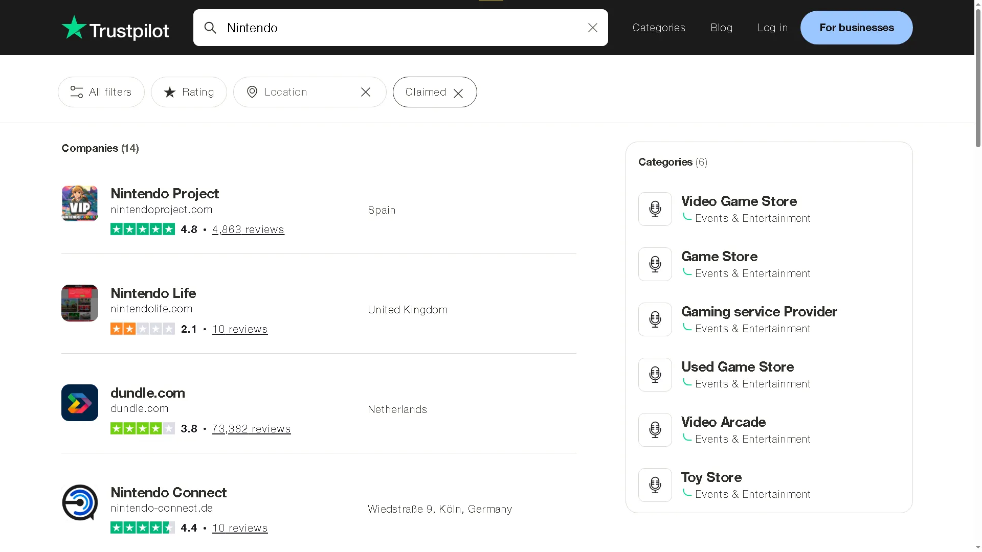 Giao diện tìm kiếm đánh giá thương hiệu Nintendo trên Trustpilot.