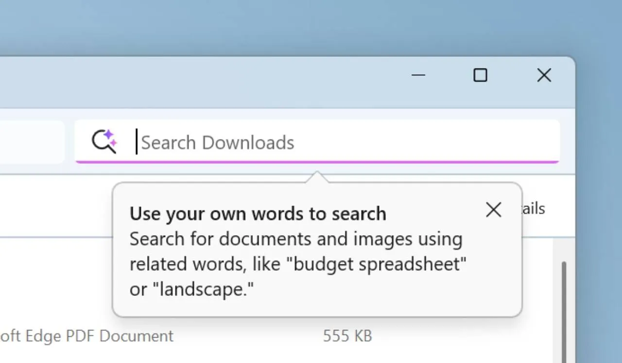 Giao diện tìm kiếm ngữ nghĩa trong File Explorer Windows 11 với gợi ý 'gỡ cài đặt chương trình'