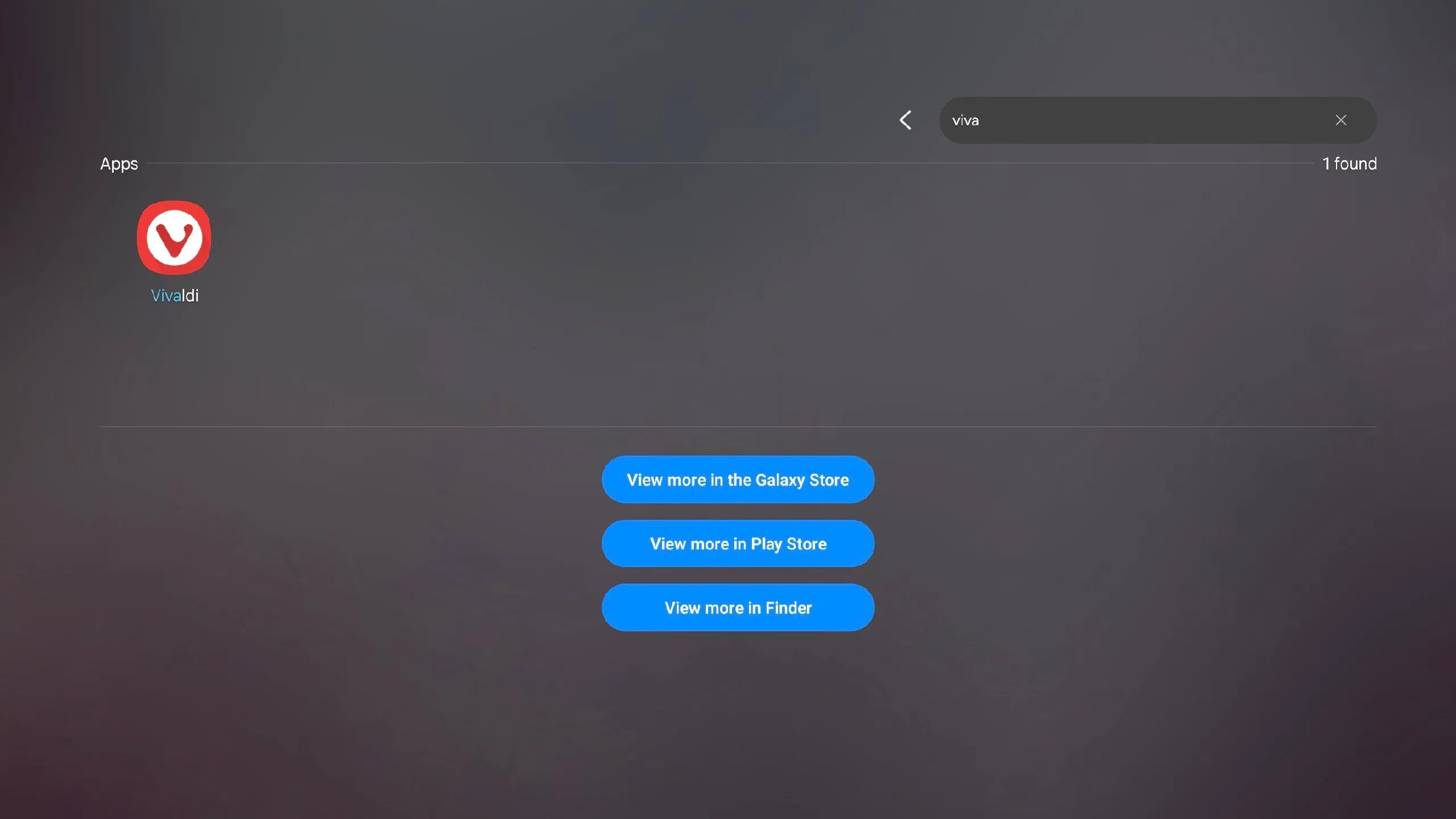 Giao diện tìm kiếm ứng dụng Vivaldi trên Samsung DeX, minh họa cách mở ứng dụng nhanh chóng bằng phím tắt để tăng hiệu suất.
