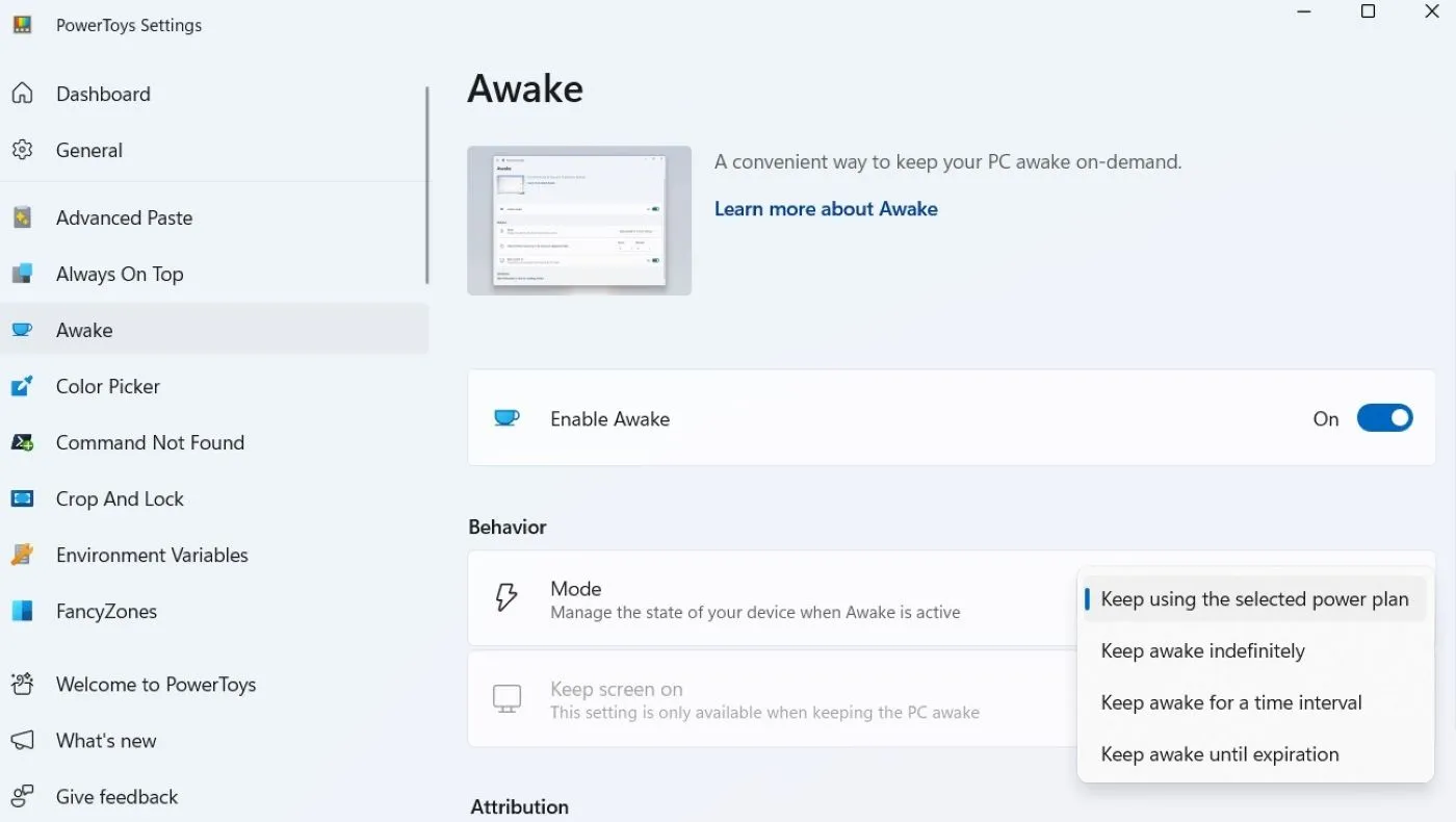 Giao diện tính năng Awake trong Microsoft PowerToys hiển thị các tùy chọn duy trì trạng thái máy.