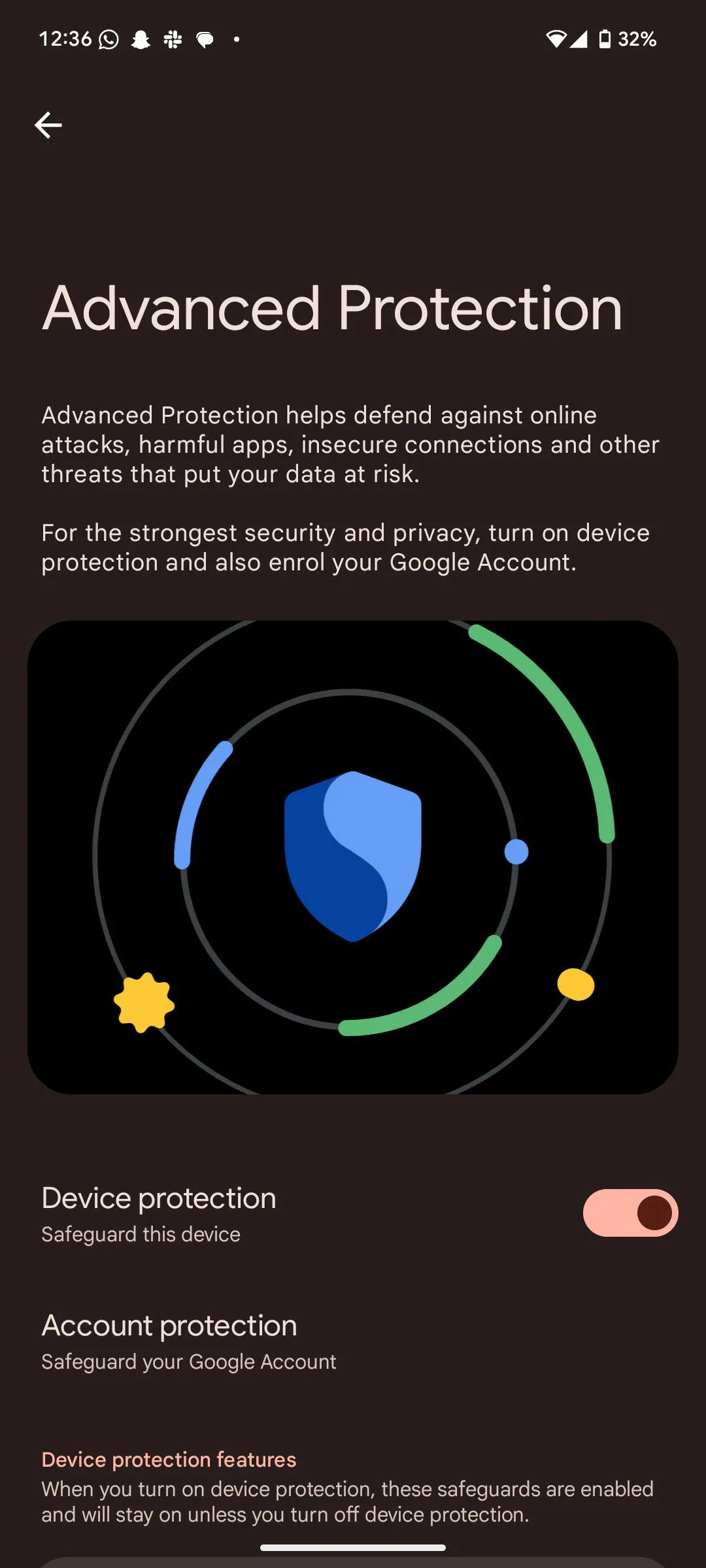 Giao diện tính năng Bảo vệ nâng cao (Advanced Protection) trong cài đặt Android 16