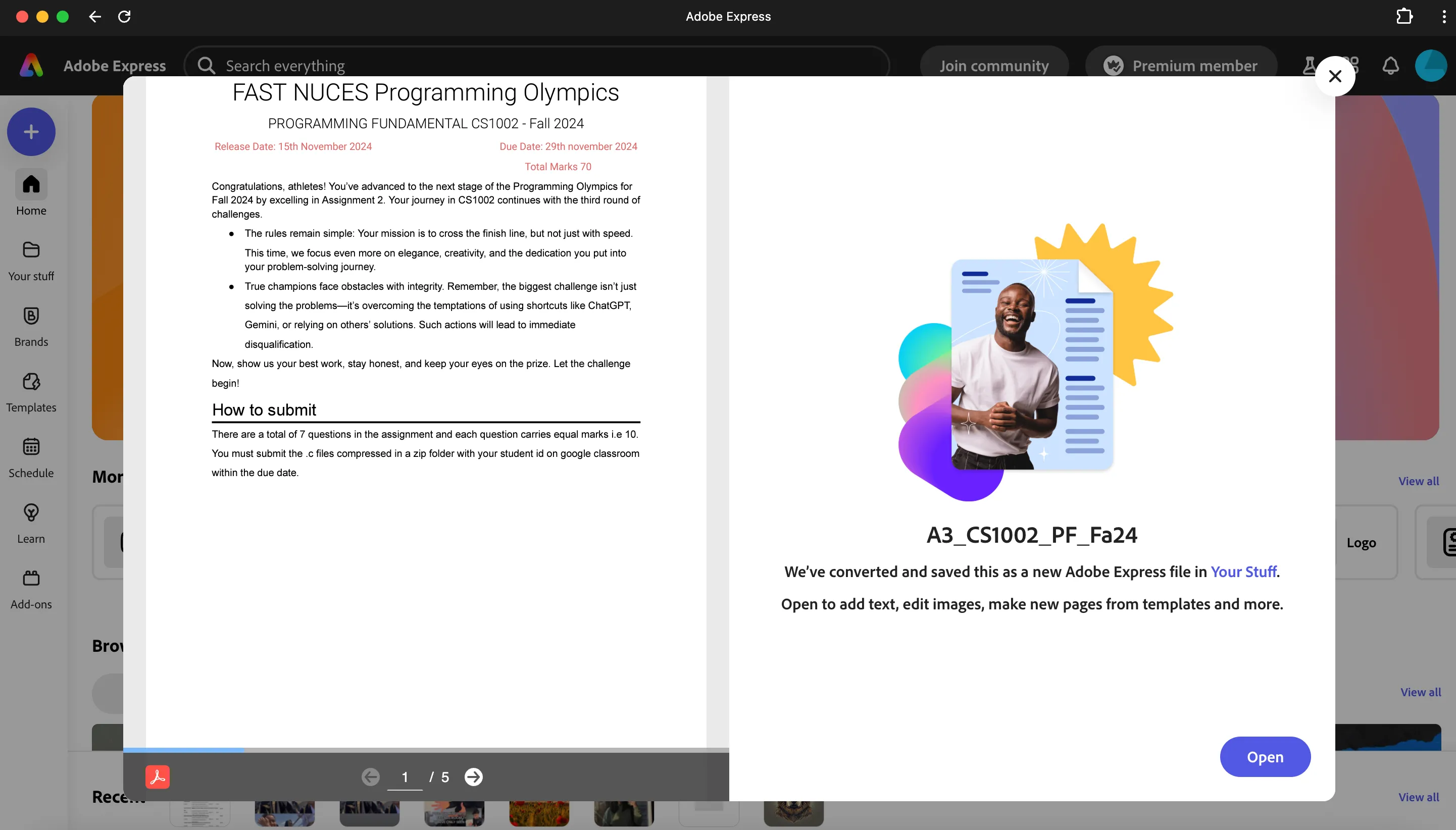 Giao diện tính năng chỉnh sửa PDF trong Adobe Express, hiển thị các công cụ chỉnh sửa văn bản và hình ảnh trực tiếp trên tài liệu PDF.